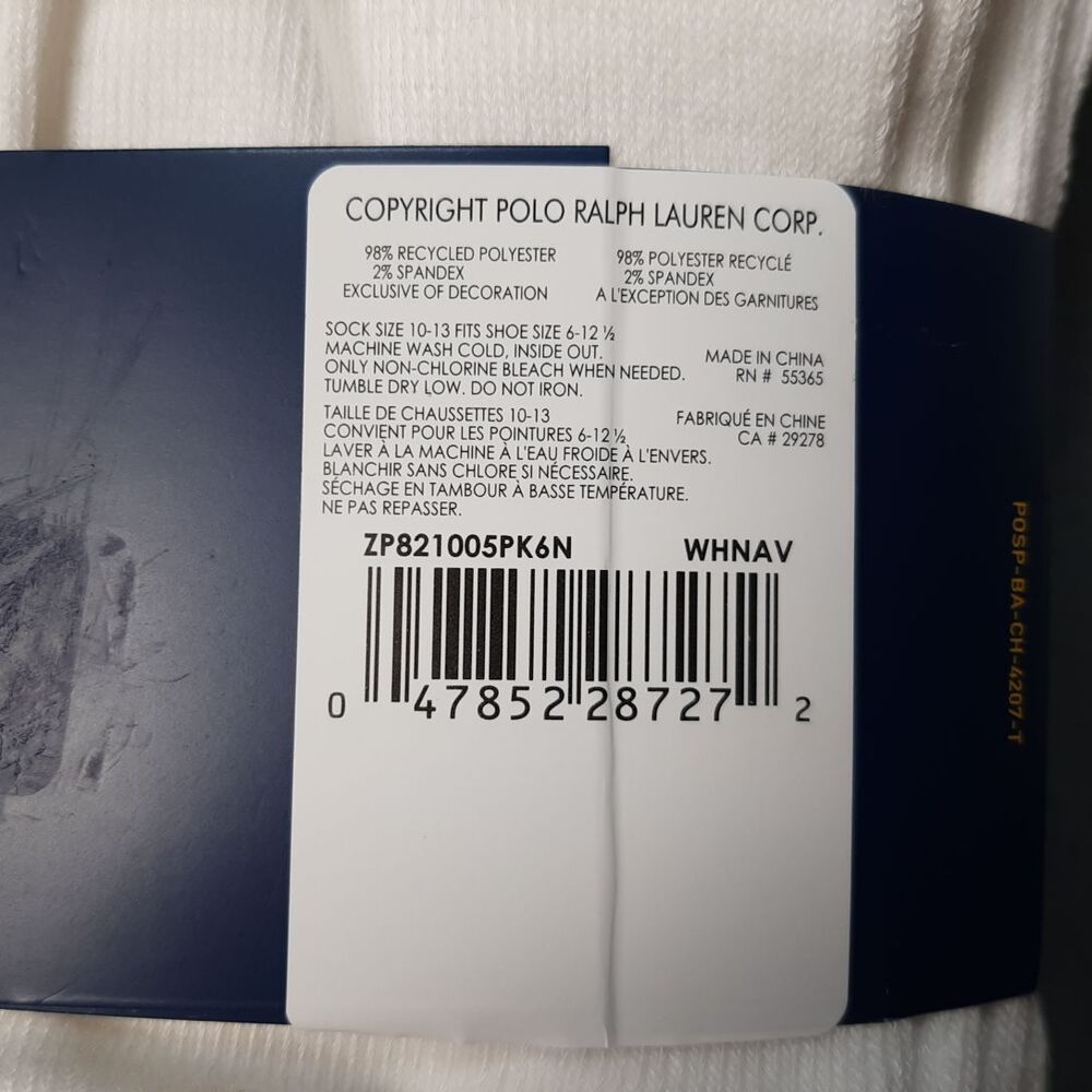 Polo Ralph Lauren Socks Mens White 6 Pairs Classic Sport PRL ZP821005PK6N BUNDLE - Picture 6 of 9